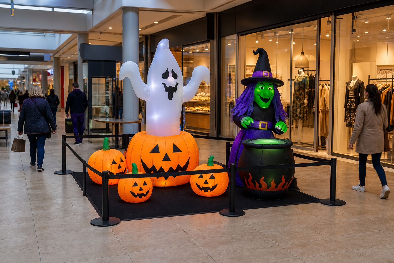 Exposition de gonflables Halloween à taille réaliste devant les vitrines des commerçants d’une galerie marchande