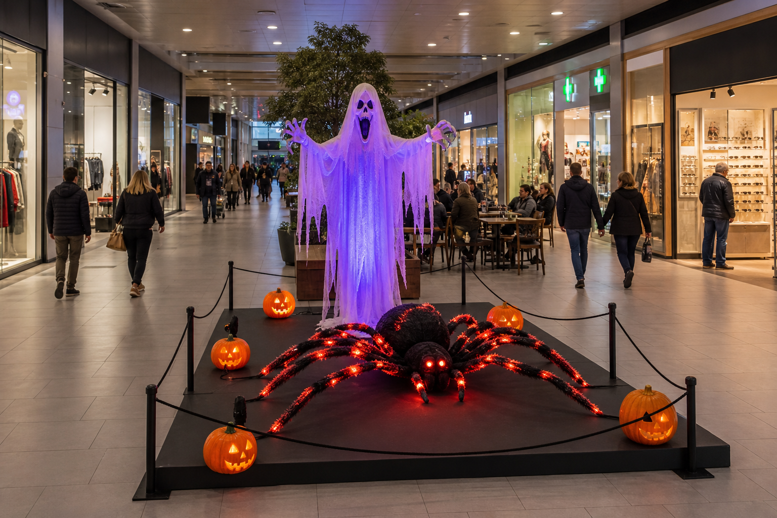Spectre, araignée et citrouilles gonflables exposés au milieu des boutiques d’une galerie marchande