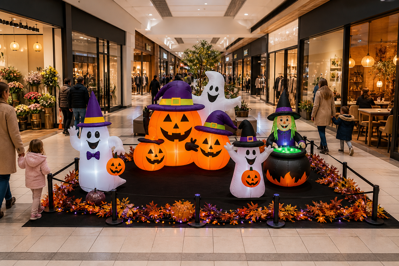 Mise en scène familiale de gonflables Halloween entourée des boutiques d’une galerie marchande