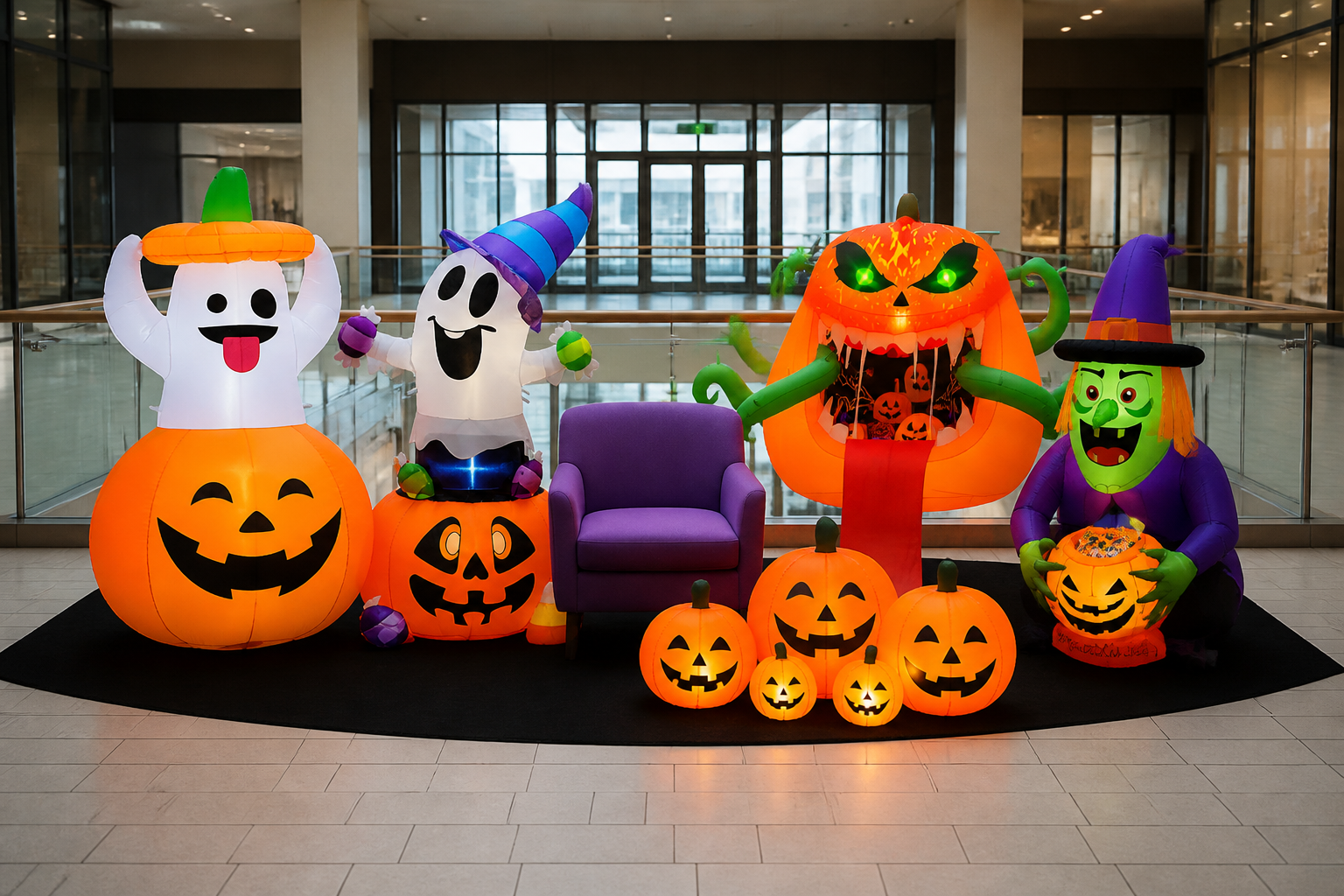 Espace photo Halloween gourmand avec fauteuil et gonflables de 1,35 à 1,52 m