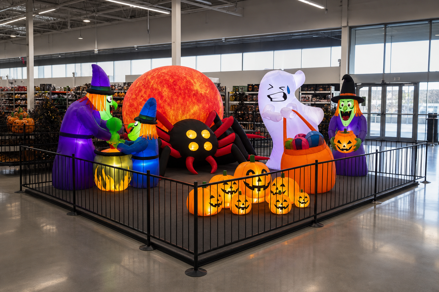 Exposition réaliste de gonflables Halloween dans une grande surface