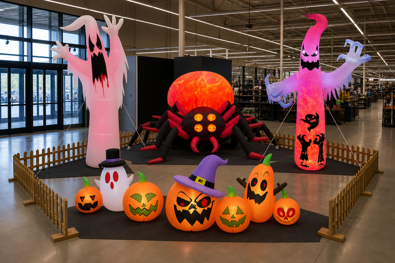 Exposition de spectres, araignée et citrouilles gonflables à taille réelle