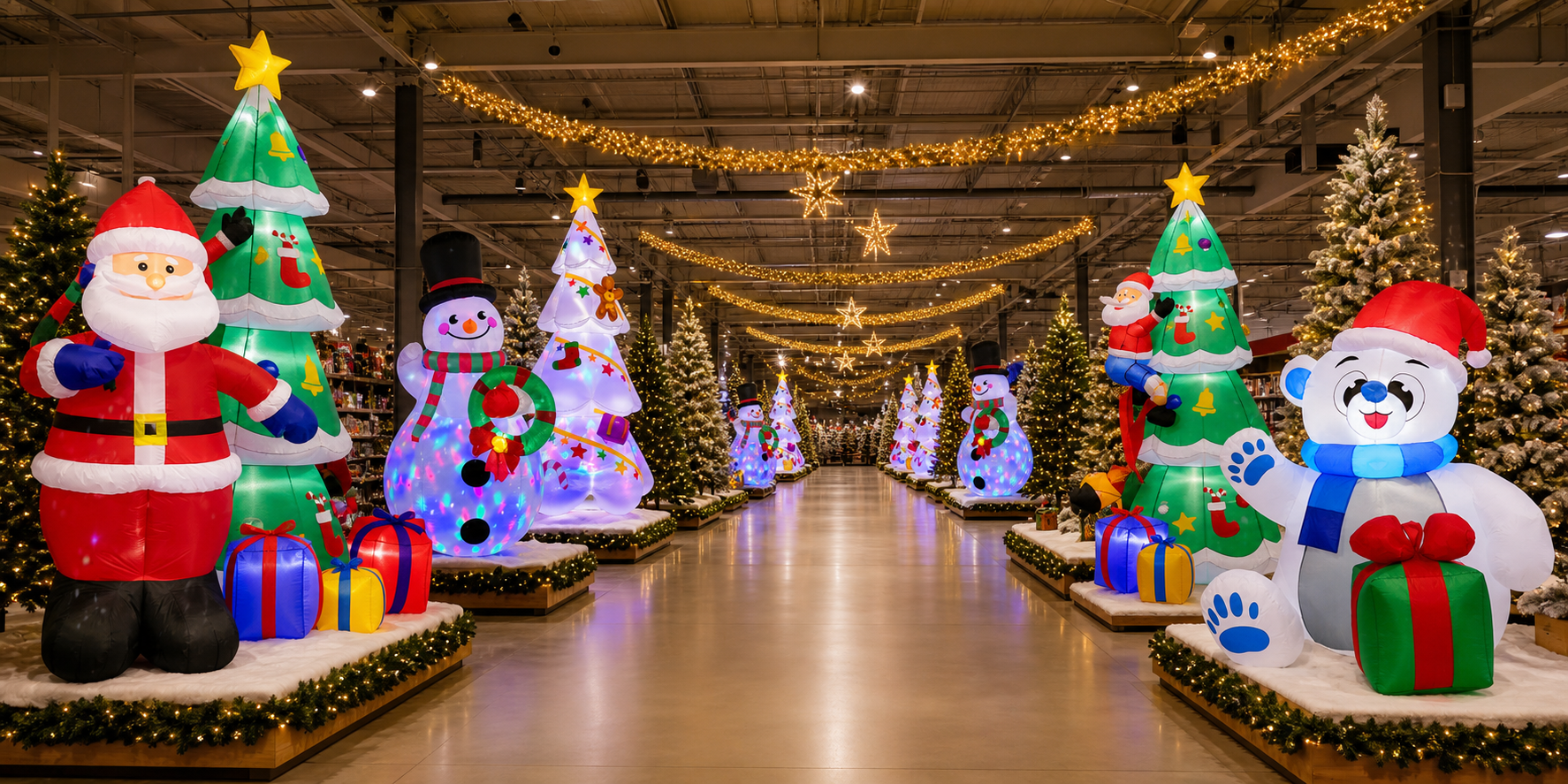 Allée centrale décorée avec les gonflables de Noël sélectionnés
