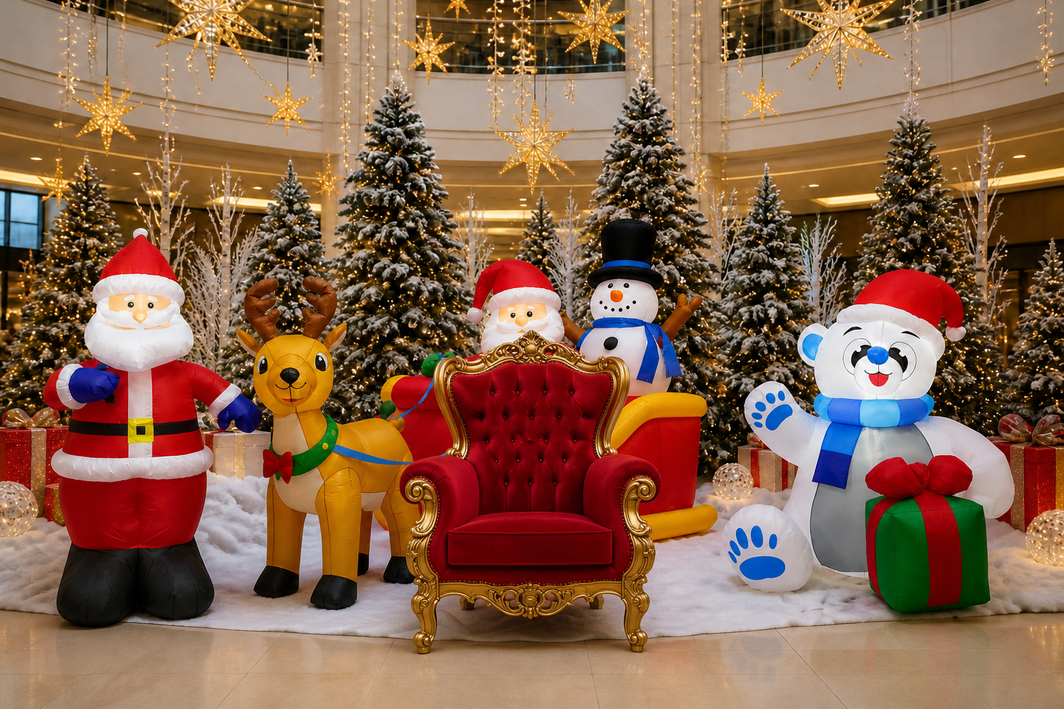 Espace photo de Noël avec fauteuil rouge et doré, gonflables et sapins dans une galerie commerciale